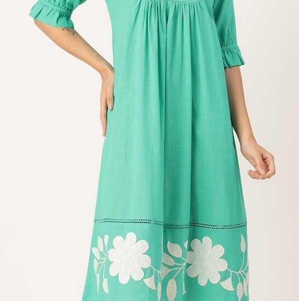Women's FLORA GREEN EMBROIDERED DRESS | Attirecarat