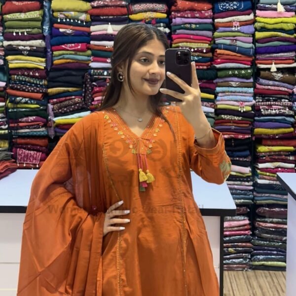 Women's Designer Rust Colour Cotton Suit with Floral Embroidery | Attirecarat