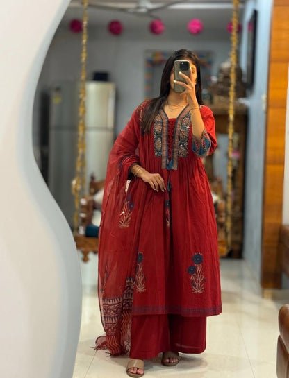 Women's Elegant Hand Block Printed Cotton Anarkali Set | Attirecarat