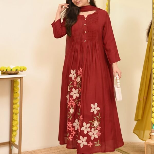 Pure Cotton A-Line Kurta Set with Heavy Thread Embroidery - orange | Attirecarat