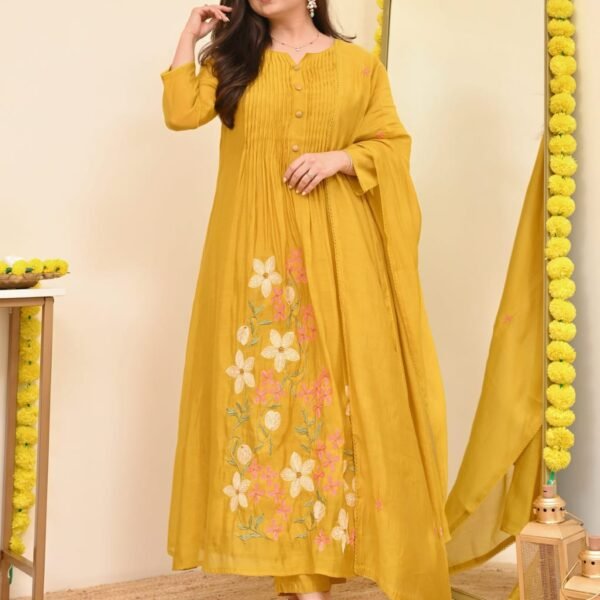Pure Cotton A-Line Kurta Set with Heavy Thread Embroidery - yellow | Attirecarat
