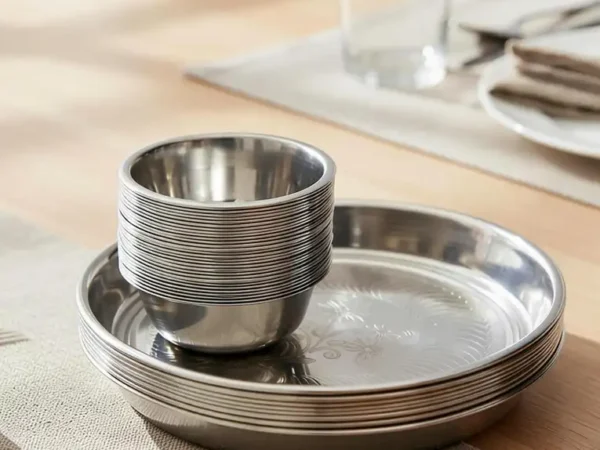 Sammyimpact Stainless Steel Dinner Set 9 pcs Plate/Bhojan Kitchen Accessories Items,Stainless Steel Dinner Set (Microwave Safe) | Bluenin