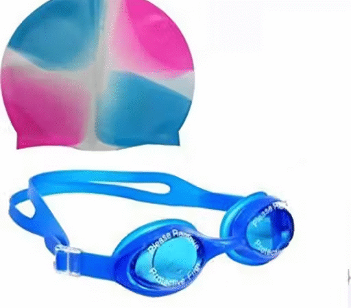 2 in 1 Swimming Combo of Anti Fog Silicone Swim Goggles and Cap in Multicolors | EmmEmm