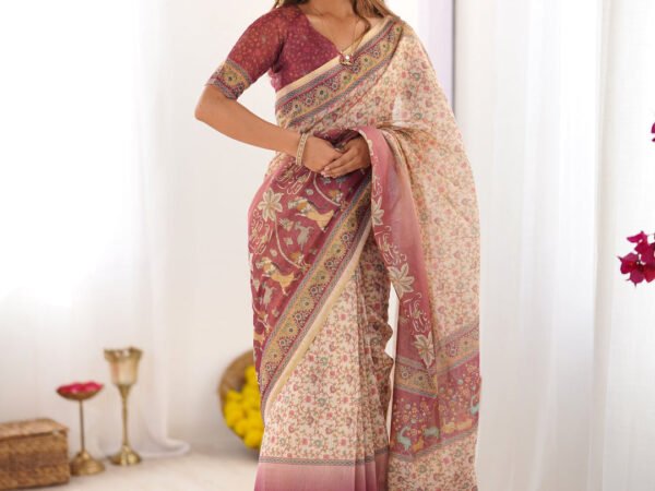 Beige & Mauve Handloom Cotton Saree with Floral Jaal, Peacock Motifs & Storytelling Pallu | Crown Fashion