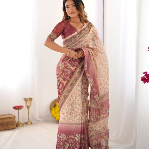 Beige & Mauve Handloom Cotton Saree with Floral Jaal, Peacock Motifs & Storytelling Pallu | Crown Fashion