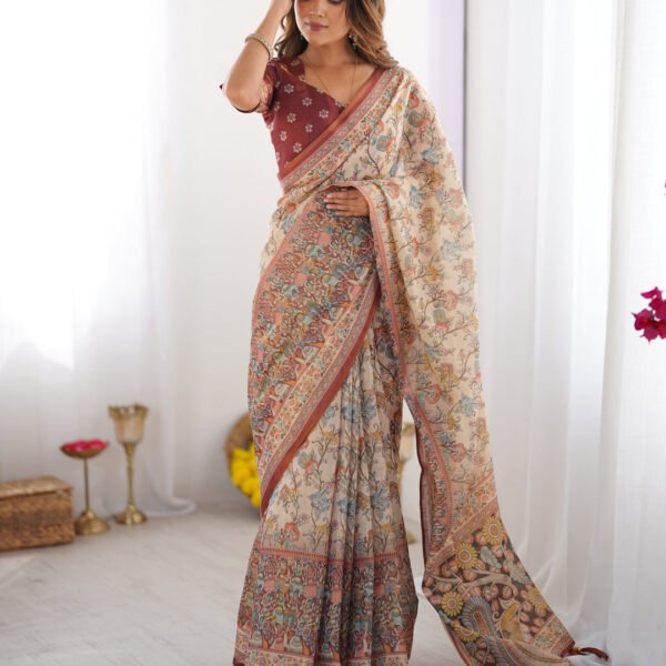 Beige & Maroon Handloom Cotton Saree with Royal Faces & Elephant Pallu Motif | Crown Fashion