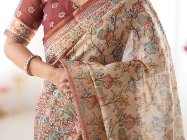 Beige & Maroon Handloom Cotton Saree with Multicolor Floral Print and Majestic Bird Art Pallu | Crown Fashion