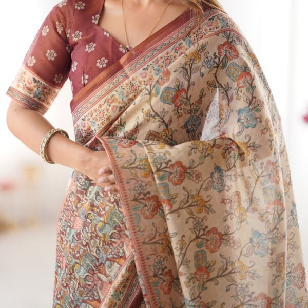 Beige & Maroon Handloom Cotton Saree with Multicolor Floral Print and Majestic Bird Art Pallu | Crown Fashion