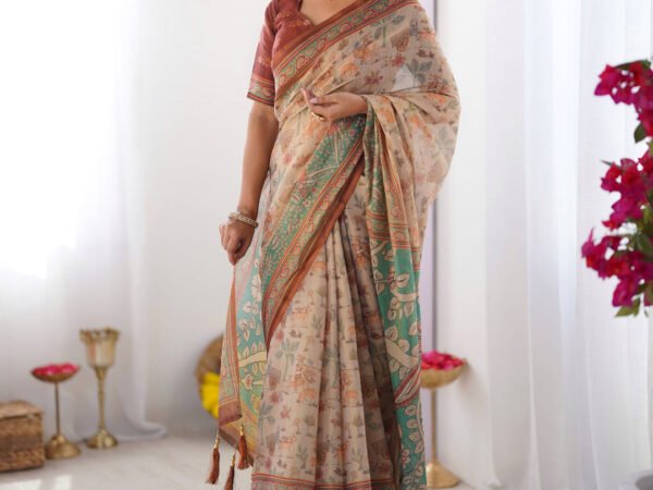 Beige & Green Handloom Cotton Saree with Village Life Print and Majestic Peacock Pallu | crown fashion