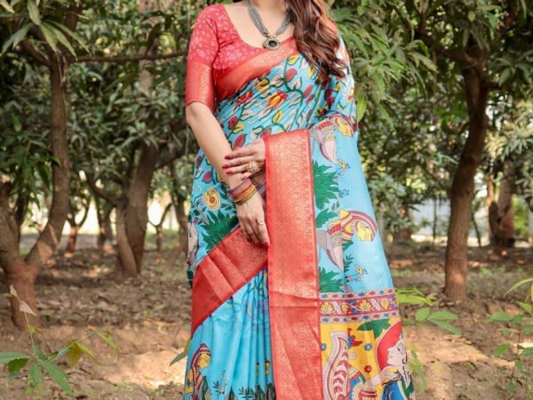 Aqua Blue Tussar Silk Saree with Vibrant Nature-Inspired Prints and Red Zari Border | Crown Fashion