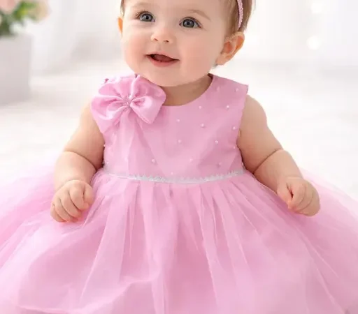 Baby Beautiful Baby Girl Party Dress – Pink Pearl Bow Frock (without cancan) | Mon and me