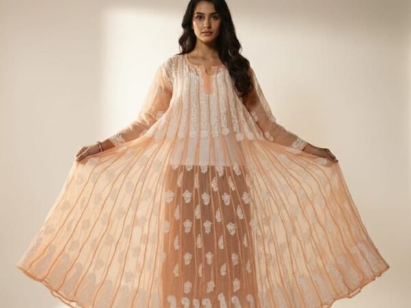 Women’s Chikankari 56 kali anarkali Pastel Orange | ChikanKart