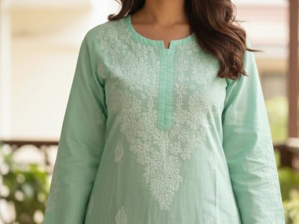 Women’s Voil cotton Chikankari Seafoam Green kurti | Meer Chikankari