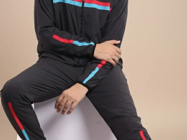 Black Polyester Lycra Blend Zip Solid Track Suit For Men | Adaaistic