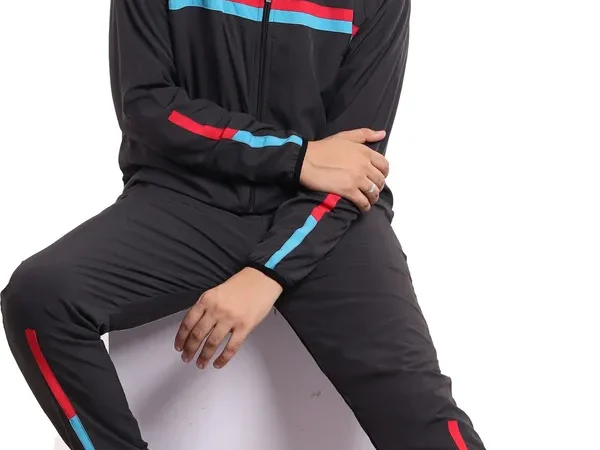 Black Polyester Lycra Blend Zip Solid Track Suit For Men | Adaaistic