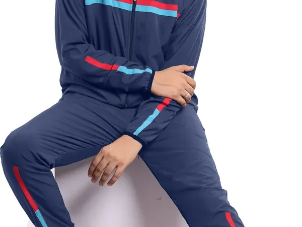 Blue Polyester Lycra Blend Zip Solid Track Suit For Men | Adaaistic