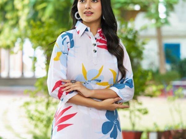 White Floral Printed Co-Ord Set with Collar Neck – Summer Casual Wear