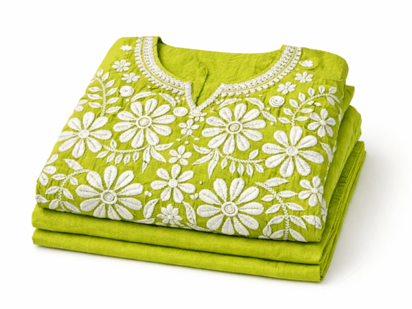 Women’s Green Floral Embroidered Sleeveless Cotton Chickenkari | Divyarshi Art & Craft