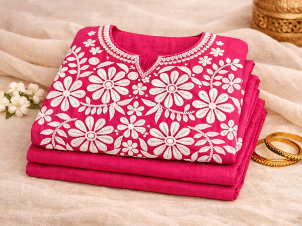Women’s Pink Floral Embroidered Cotton | Zariya Chikan