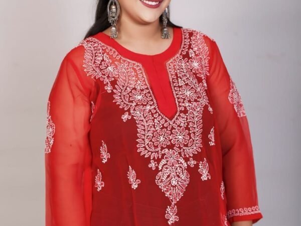 Women’s Gala booty Red Chikankari kurti | Chikankart