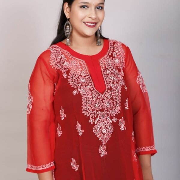 Women's Gala booty Red Chikankari kurti | Divyarshi Art & Craft