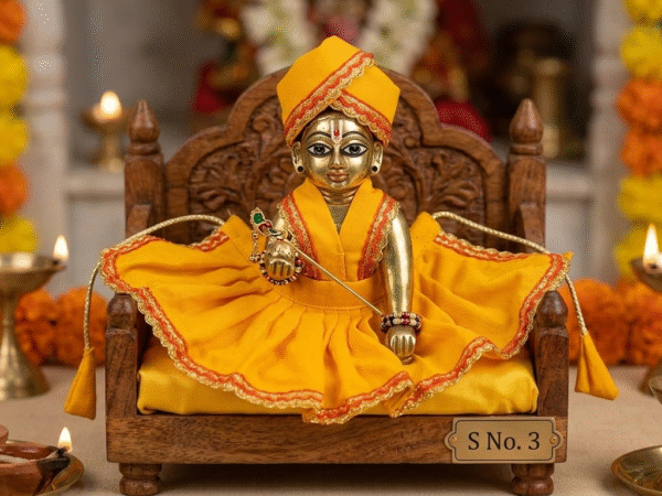 Laddu Gopal Frill Dress With Turban Suitable for 3 No. Size | 100% Cotton | Handmade Krishna Dress | Mustard Color