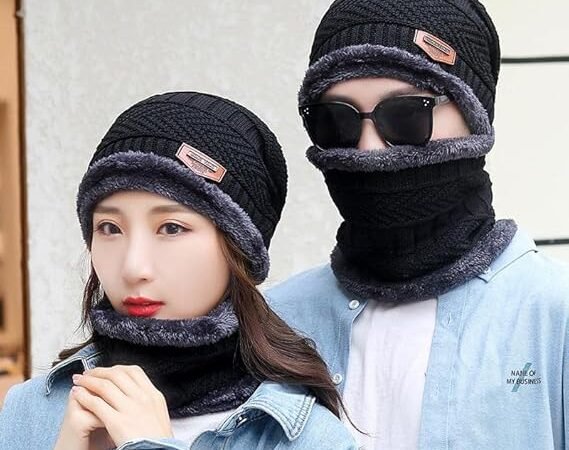 Winter Woolen Hat and Scarf Neck Scarf Warm Knit Hat Thick Fleece Lined Winter Hat & Scarf for Men Women | WUGO