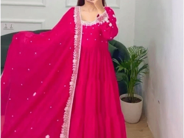 Bright Pink Anarkali Suit with White Embroidered Dupatta