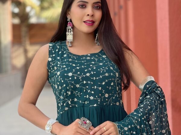 Elegant Dark Green Embroidered Anarkali Kurta with Dupatta Set for Women