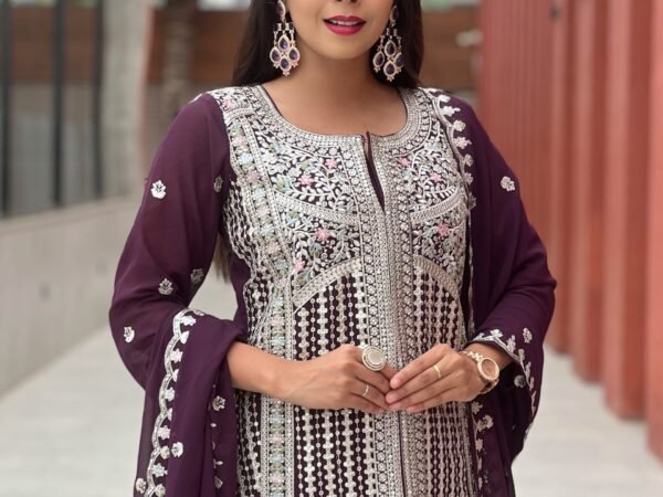 Designer Purple Embroidered Kurta with Palazzo & Dupatta Set for Women | Party Wear Ethnic Suit