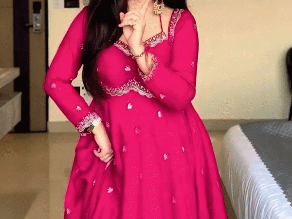 Rani Pink Embroidered Anarkali Gown with Flared Silhouette – Party & Festive Wear