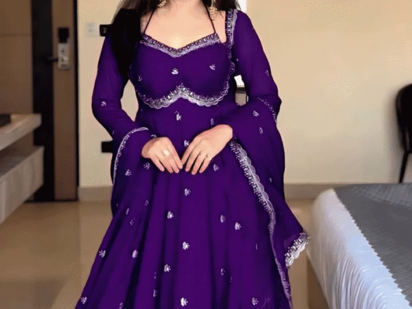 Lavender Purple Embroidered Anarkali Gown with Elegant Flare – Festive & Party Wear