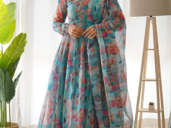 Blue Color Printed Anarkali Kurta Set