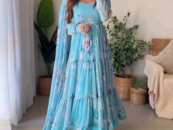 Aqua Blue Color Printed Anarkali Kurta Set
