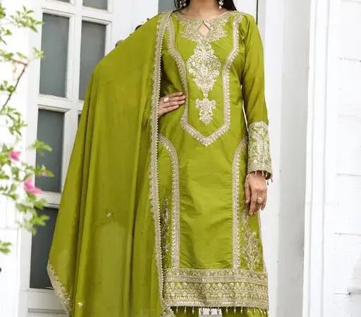 Emerald Radiance: Embroidered Elegance