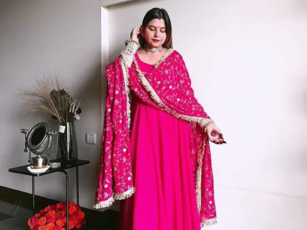 Indian Premium Designer Sequence Embroidery Work Full Flare Anarkali Style Gown Set With Heavy Fancy Lace Border Georgette Dupatta