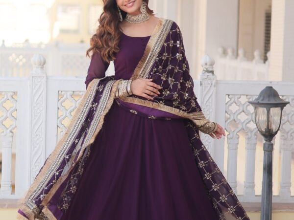 Purple Faux Georgette Sequence Embroidery Work Full Flare Anarkali Suit