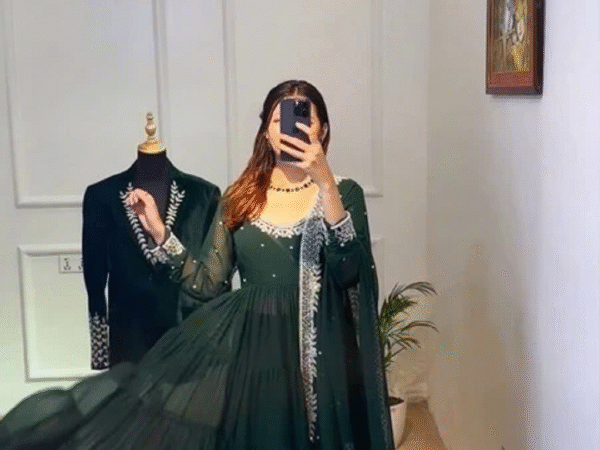 Emerald Green Georgette Anarkali Suit with Intricate Embroidery