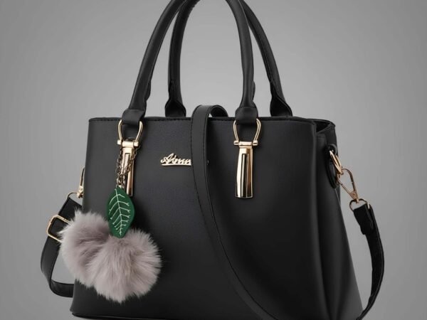 Premium Quality Women’s Stylish Black Handbag | Elegant PU Leather Shoulder & Tote Bag for Ladies | Spacious Multi-Compartment Design with Golden Hardware & Fur Ball Charm | Perfect for Office, Daily Use, Travel & Parties | WUGO