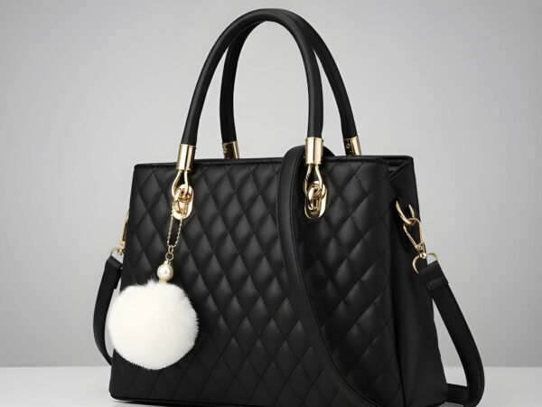 Premium Quality Women’s Stylish Dark Black Handbag | Elegant PU Leather Shoulder & Tote Bag for Ladies | Spacious Multi-Compartment Design with Golden Hardware & Fur Ball Charm | Perfect for Office, Daily Use, Travel & Parties | WUGO