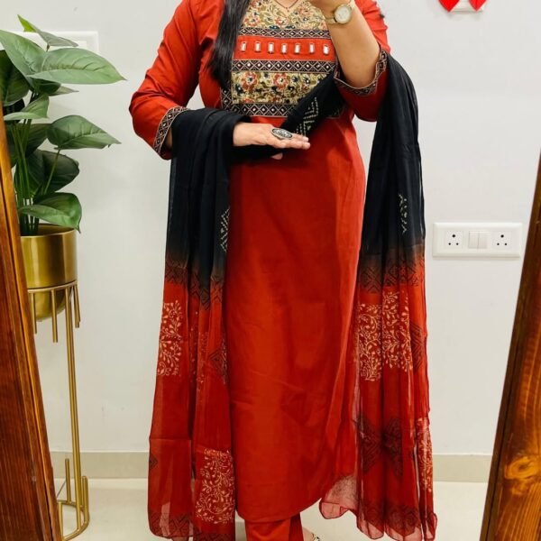Women Rust-Red Embroidered Kurta Set with Ombre Dupatta | Komal Collection