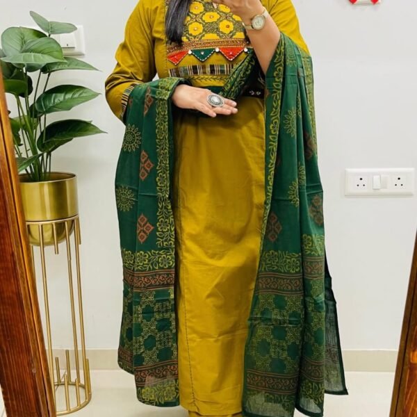 Women's Mustard Gold Cotton Kurta Set with Kutch-Embroidered Yoke | Komal Collection