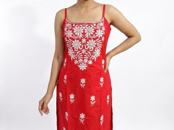 Women’s Red Embroidered Straight Kurti | Lakhnawi Virasat