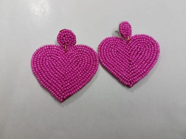 Handcrafted Hot Pink Beaded Heart Statement Earrings | Deepti Handicraft