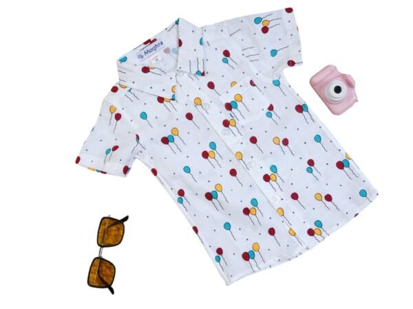 Kids Linen Cotton Printed Shirt | Boys White Balloon Print Casual Half Sleeve Shirt | Moghra