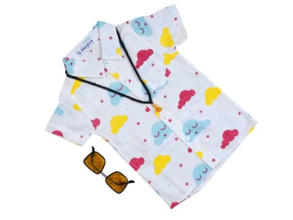 Kids Linen Cotton Printed Shirt | Boys Multicolor Cloud Print Casual Half Sleeve Shirt | Moghra