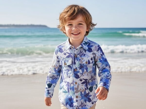 Kids Blue Floral Printed Linen Cotton Shirt – Stylish Full Sleeve Casual Beach Shirt for Boys & Kids | Moghra