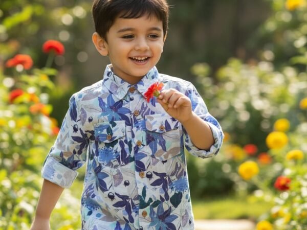 Kids Blue Floral Printed Linen Cotton Shirt – Stylish Casual & Summer Wear Shirt for Boys | Moghra