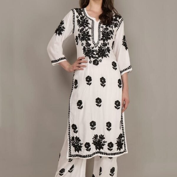 Women's Pure Modal White & Black Hand Embroidered Lucknow Chikankari Kurta Plazzo set | Rishi Lucknowi Chikankari | Divyarshi Art & Craft