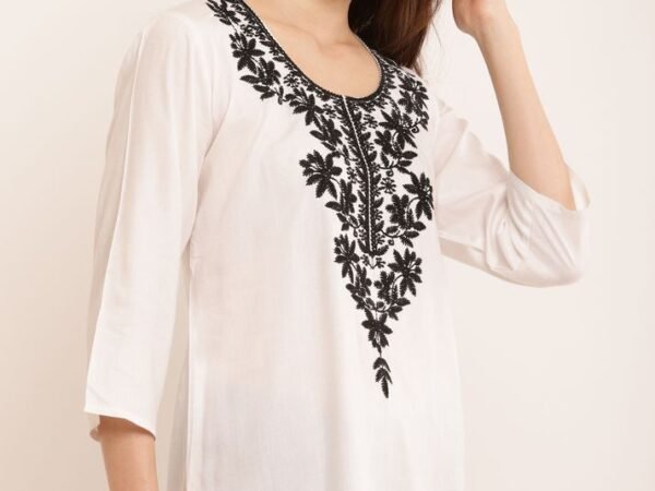 Women Embroidered Cotton Rayon A-line Kurta (White) | AREEBA FASHION | TA TECHNOLOGIE